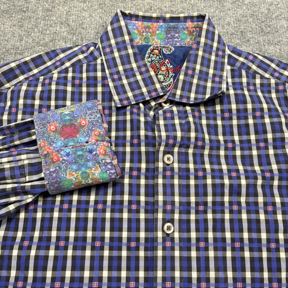 Robert Graham Shirt Mens M Blue Plaid Contrast Cuffs Button Down Preppy